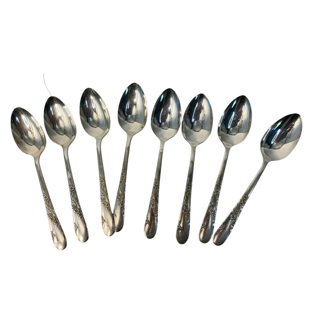 VTG 50's Oneida Tudor Plate Silver TableSpoons Bridal Wreath Set Of 8 7495